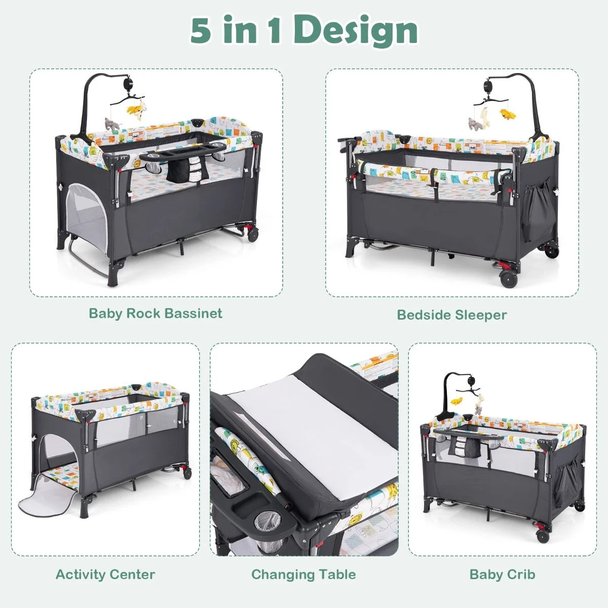 5-In-1 Baby Bassinet Bedside Sleeper with Diaper Changer and Hanging Toys