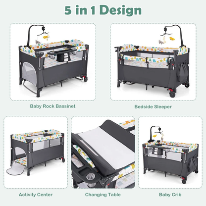 5-In-1 Baby Bassinet Bedside Sleeper with Diaper Changer and Hanging Toys